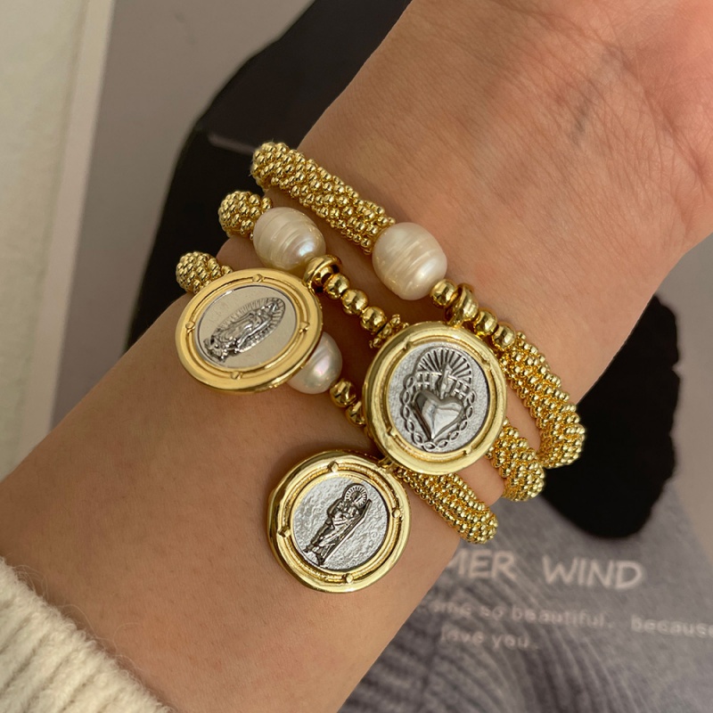 Gold 1 Copper Round Color Matching Portrait Beaded Pearl Bracelet (4mm)