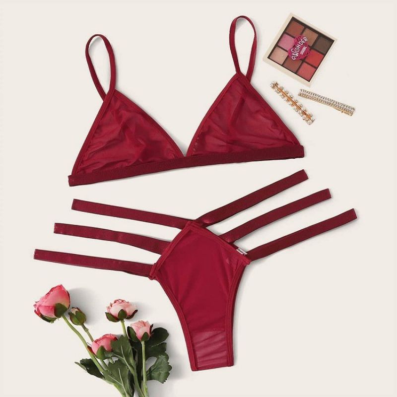 Claret Mesh See-through Low Waist Multi-layered Underwear Set