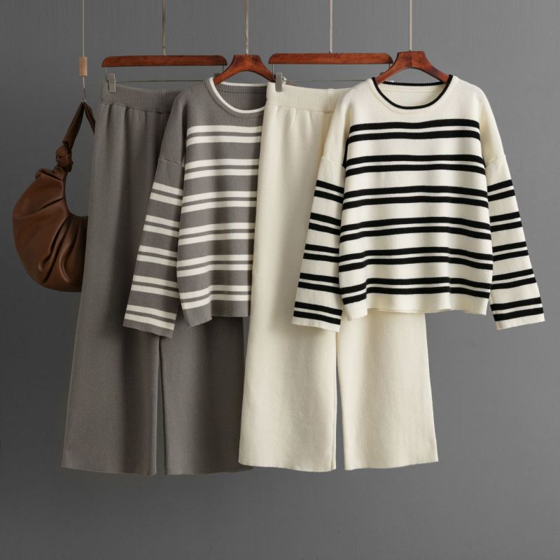 Volcanic Ash Striped Knitted Sweater And Wide-leg Pants Suit