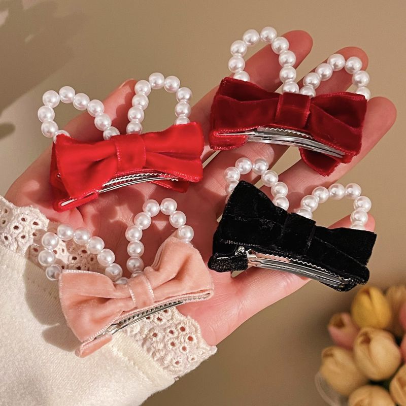Light Pink Fabric Bow Pearl Rabbit Ears Children's Hairpin