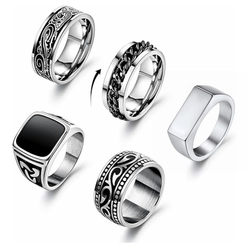 Juego De Anillos Grabados De Acero Inoxidable