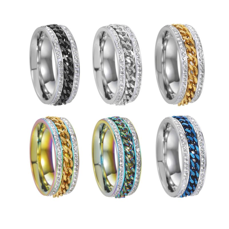 Anillo De Diamantes De Doble Fila Con Cadena De Acero De Titanio