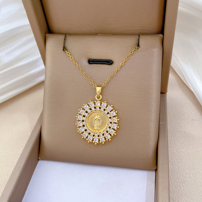 Gold Stainless Steel Diamond Portrait Round Necklace