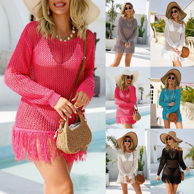 Black Blended Open Knit Fringe Sun Protection Blouse