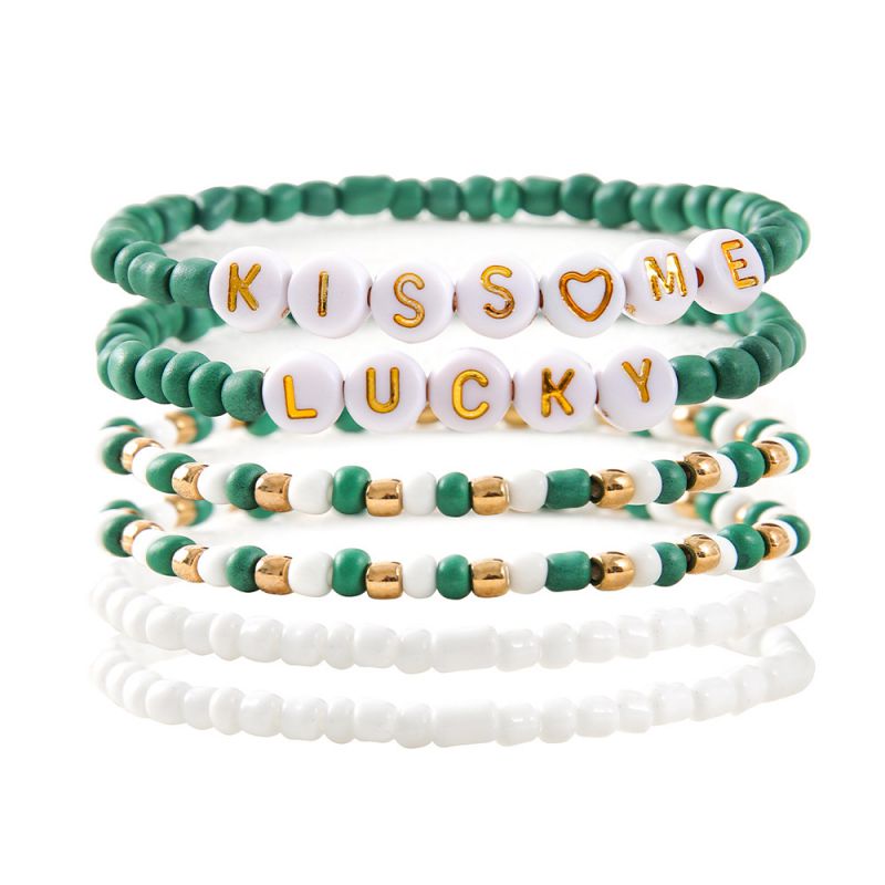 Green Acrylic Rice Beads Letter Beaded Bracelet Set