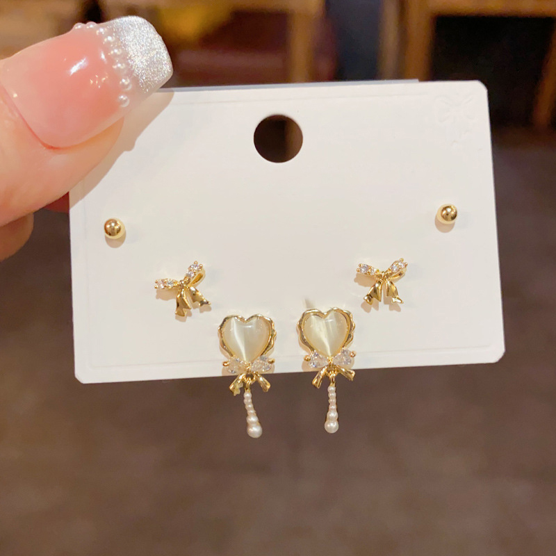 Bowknot Love Pearl Tassel Combination (thickened Real Gold Plating) Copper Diamond Heart Bow Earring Set