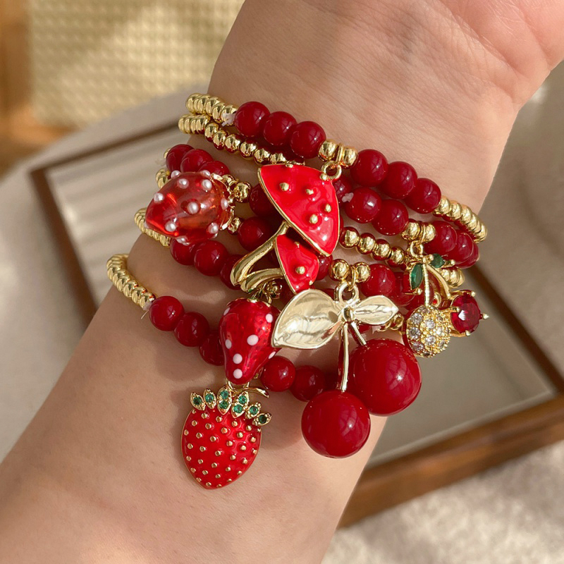 Red 5 Copper Inlaid Zircon Oil Drop Cherry Beaded Bracelet