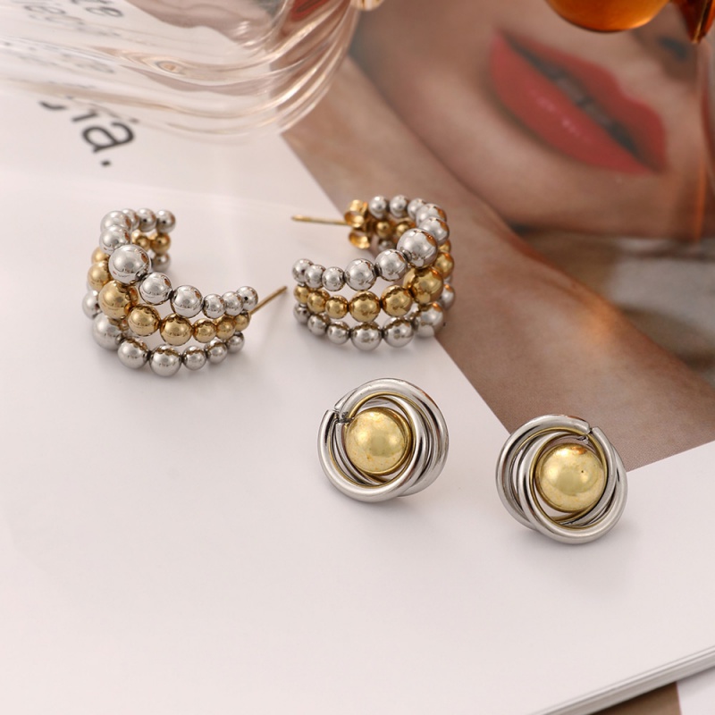 Gold And Silver 1 Titanium Steel Round Bead C-shaped Color Matching Earrings