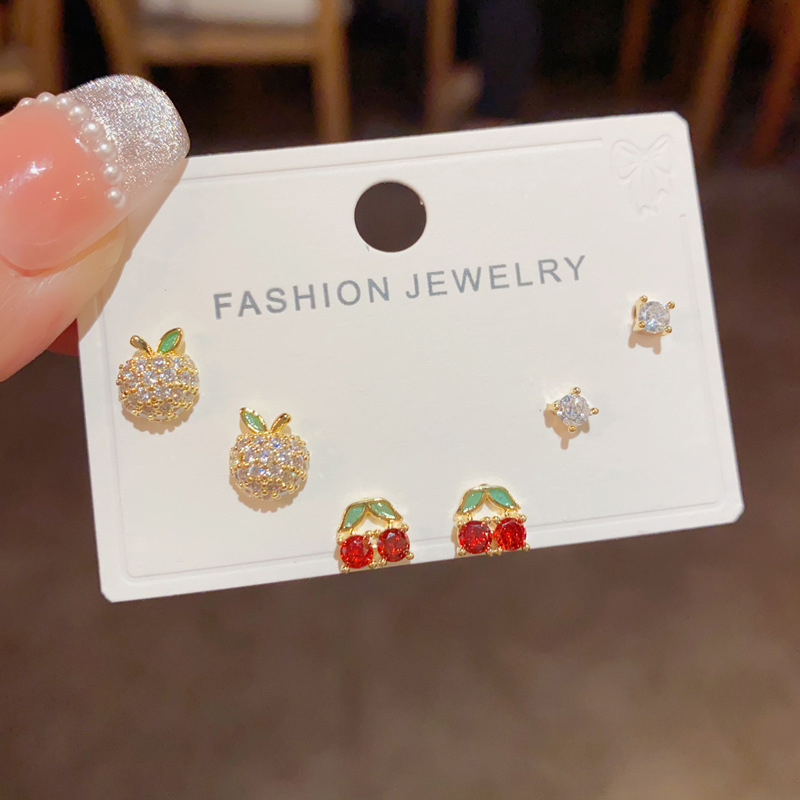 Gold-zircon Apple Cherry Three-piece Set (thick Real Gold Electroplating) Copper Inlaid Zirconium Apple Cherry Earring Set