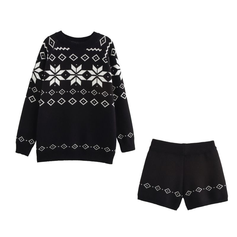 Conjunto De Shorts Tipo Suéter De Punto Con Cuello Redondo En Jacquard