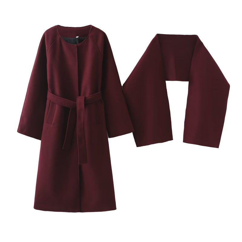 Red Polyester Crew Neck Tie Coat Scarf Set