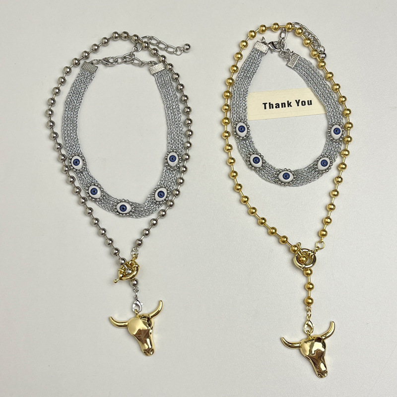 Gold Alloy Geometric Eye Mesh Chain Bull Head Double Layer Necklace