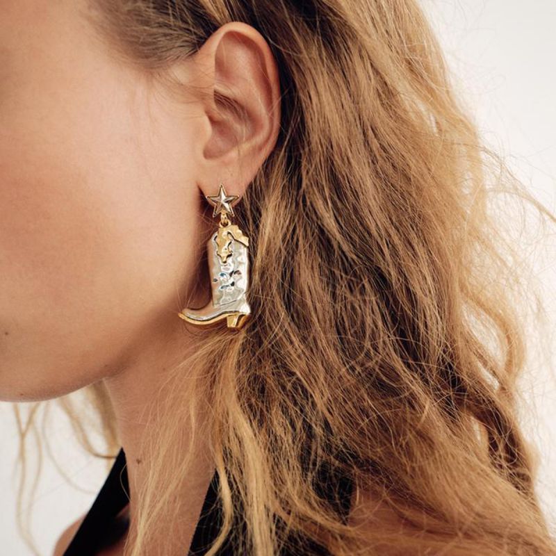 Gold And Silver Stainless Steel Five-pointed Star Boot Earrings