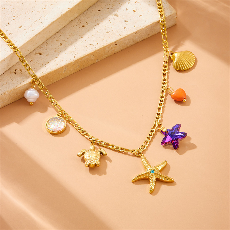 Collar De Acero Inoxidable Con Forma De Corazón Perla Concha Y Estrella De Mar