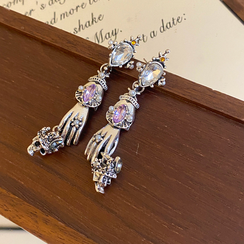 Antique Silver Diamond And Pearl Skull Earrings