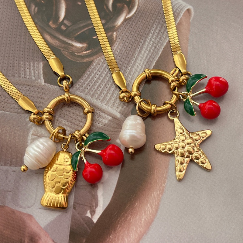 Gold 2 Oil Drop Cherry Pearl Titanium Steel Starfish Ring Buckle Snake Bone Chain Necklace