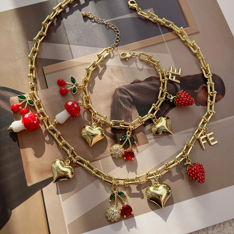Pulsera De Amor De Fresa Y Cereza Con Goteo De Circón Y Conjunto De Cobre