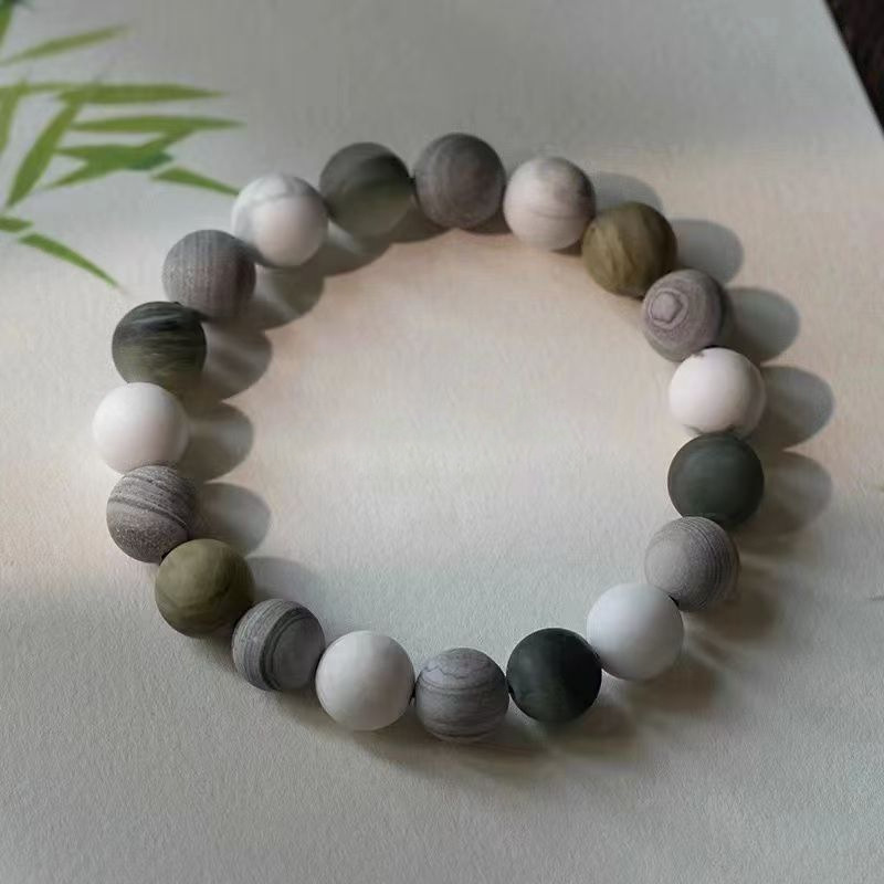 8mm Frosted White Pine + Green Grain + Gray Grain Natural Stone Beaded Bracelet