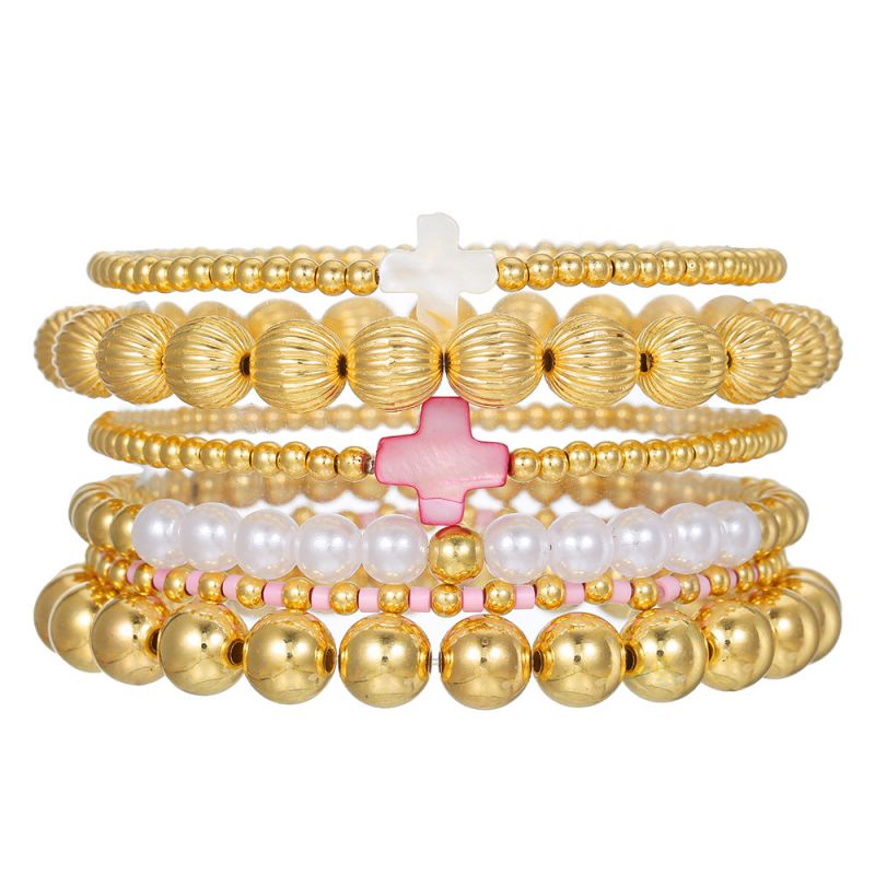 Set 1 Metal Geometric Beaded Cross Pearl Bracelet Set