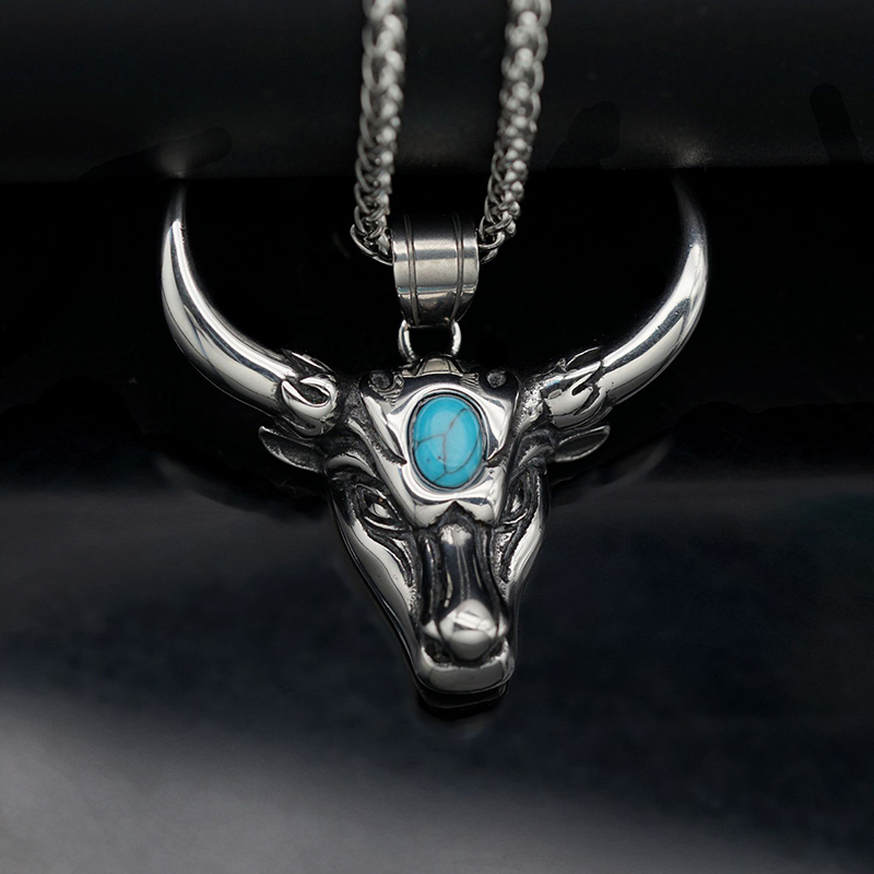 Vintage Steel Single Pendant (without Chain) Stainless Steel Turquoise Bull Head Men's Pendant (without Chain)