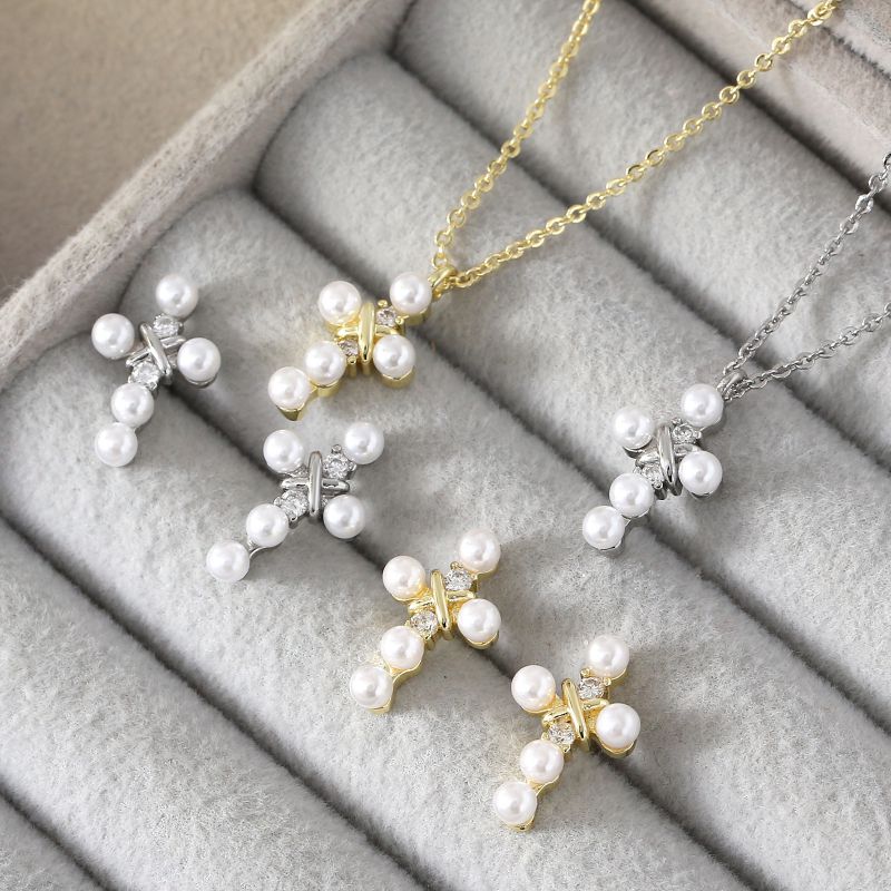 Gold Suit Copper Diamond Pearl Cross Necklace Earring Set