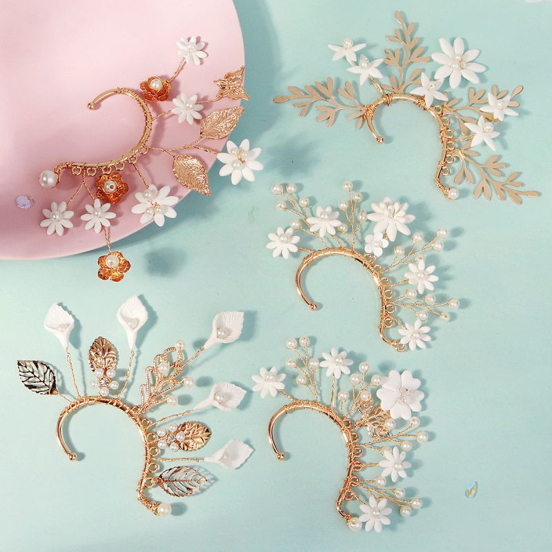 Puño Para Oreja Con Perlas De Imitación Y Flores De Arcilla [individual]