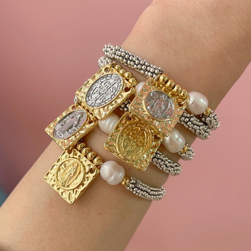 Gold And Silver 1 Copper Square Portrait Beaded Pearl Bracelet