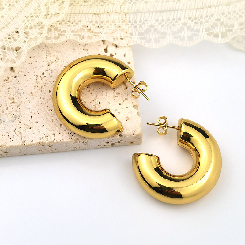 Gold Stainless Steel C-shaped Polished Earrings