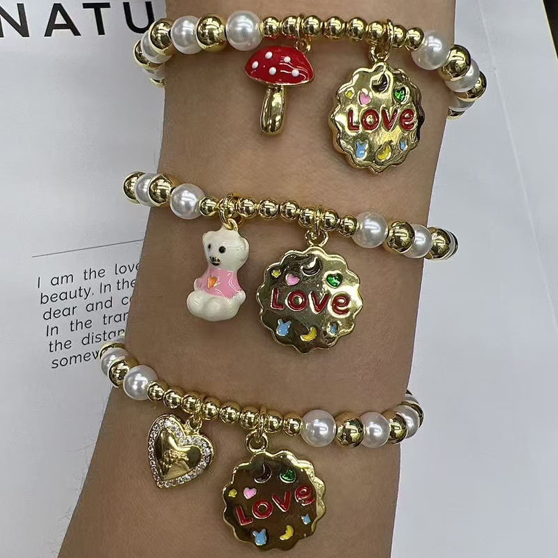 Bear Copper Plated Pearl Beaded Bear Tag Bracelet
