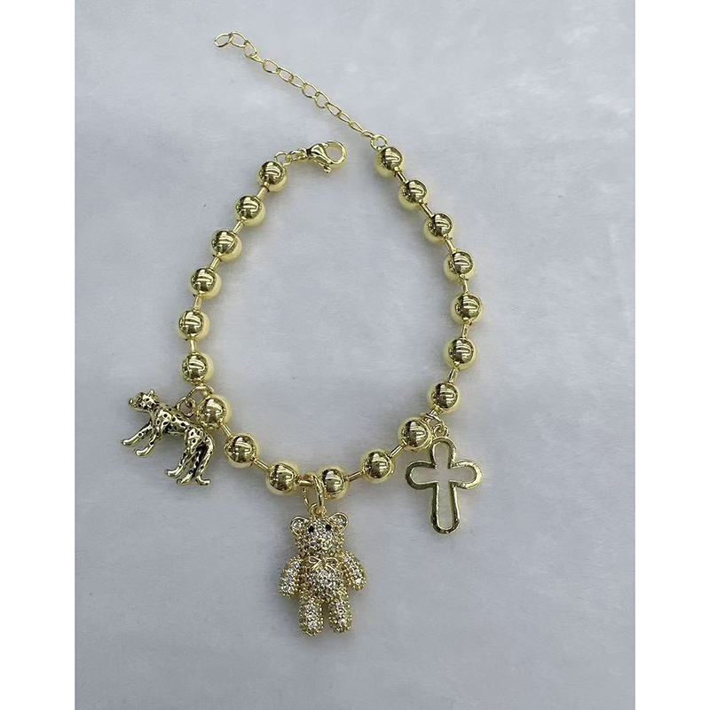 Bracelet Copper Gold-plated Cross With Diamond Bear And Leopard Bracelet