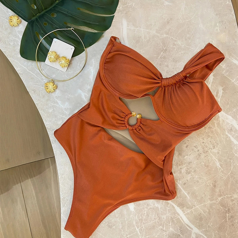 Brown One Shoulder One-piece Swimsuit Nylon One-shoulder Twisted Hollow One-piece Swimsuit