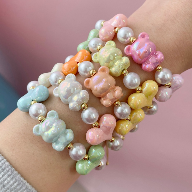 Pulsera Trenzada De Cuentas De Cobre Y Perlas De Imitación En Forma De Corazón De Oso (4/10 Mm)