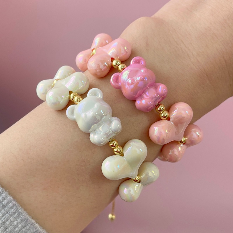 Off White Bear Heart Copper Bead Braided Bracelet (4/10mm)