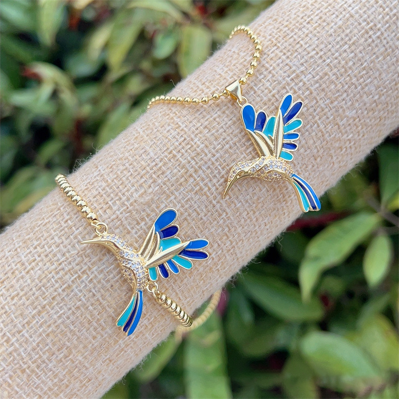 Set 1 Copper Diamond Bird Necklace Bracelet Set