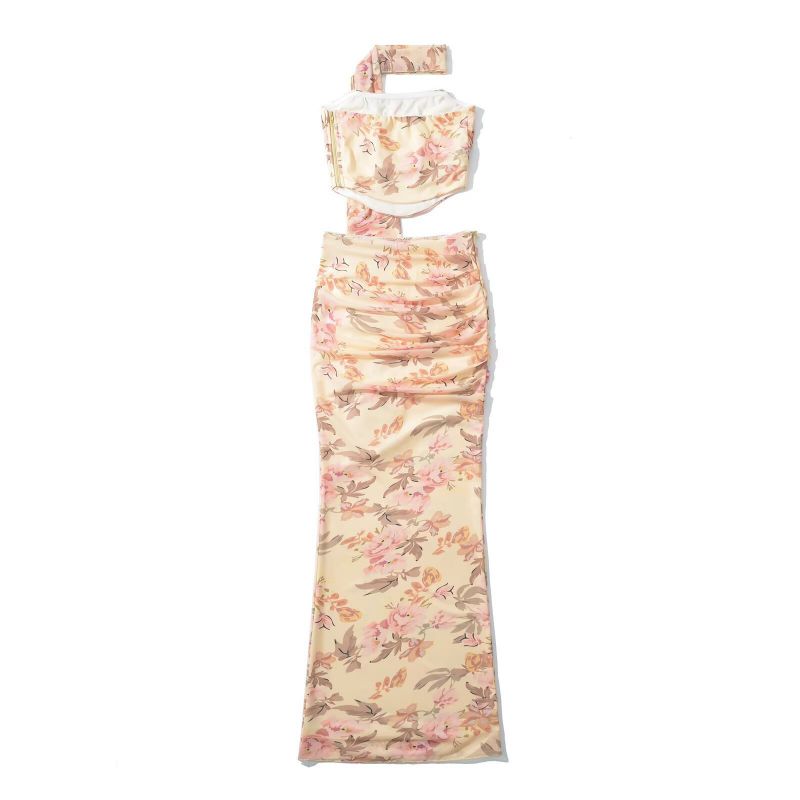 Set Polyester Printed Pleated Top And Skirt Set