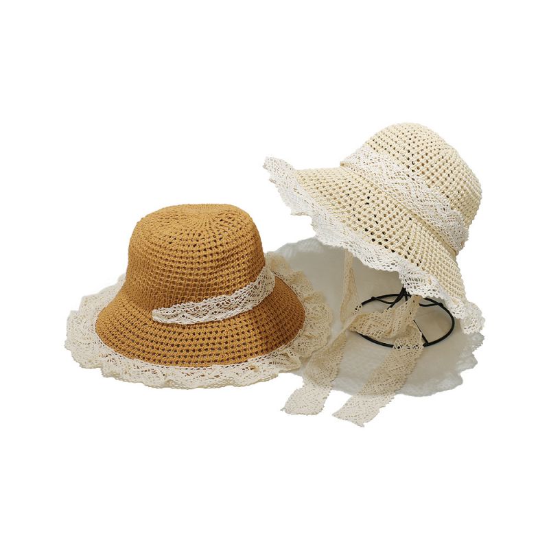 Khaki Lace Trim Wide Brim Sun Hat
