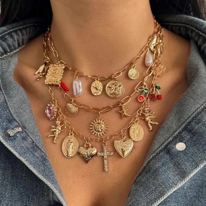 Gold 2 Alloy Diamond Geometric Pendant Multi-layer Necklace