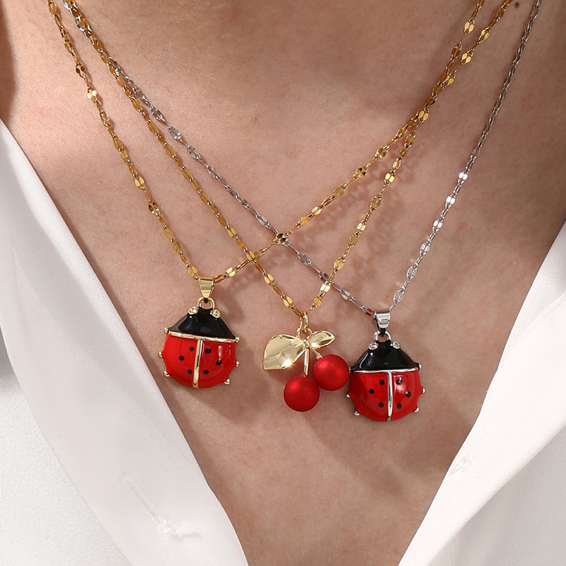 Silver 2 Titanium Steel Oil Dripping Ladybug Necklace