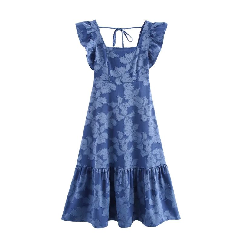 Blue Polyester Printed Square Neck Skirt