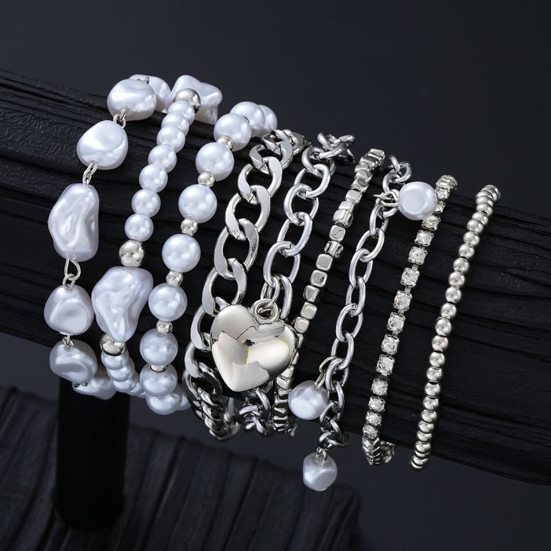 Gold Gold Pearl Beaded Heart Bracelet Set