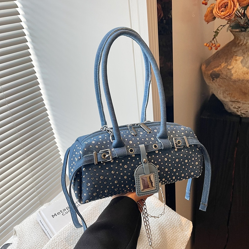 Black Denim Rivet Large Capacity Shoulder Bag