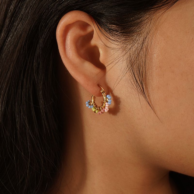 Blue Rice Beads Braided Flower Earrings