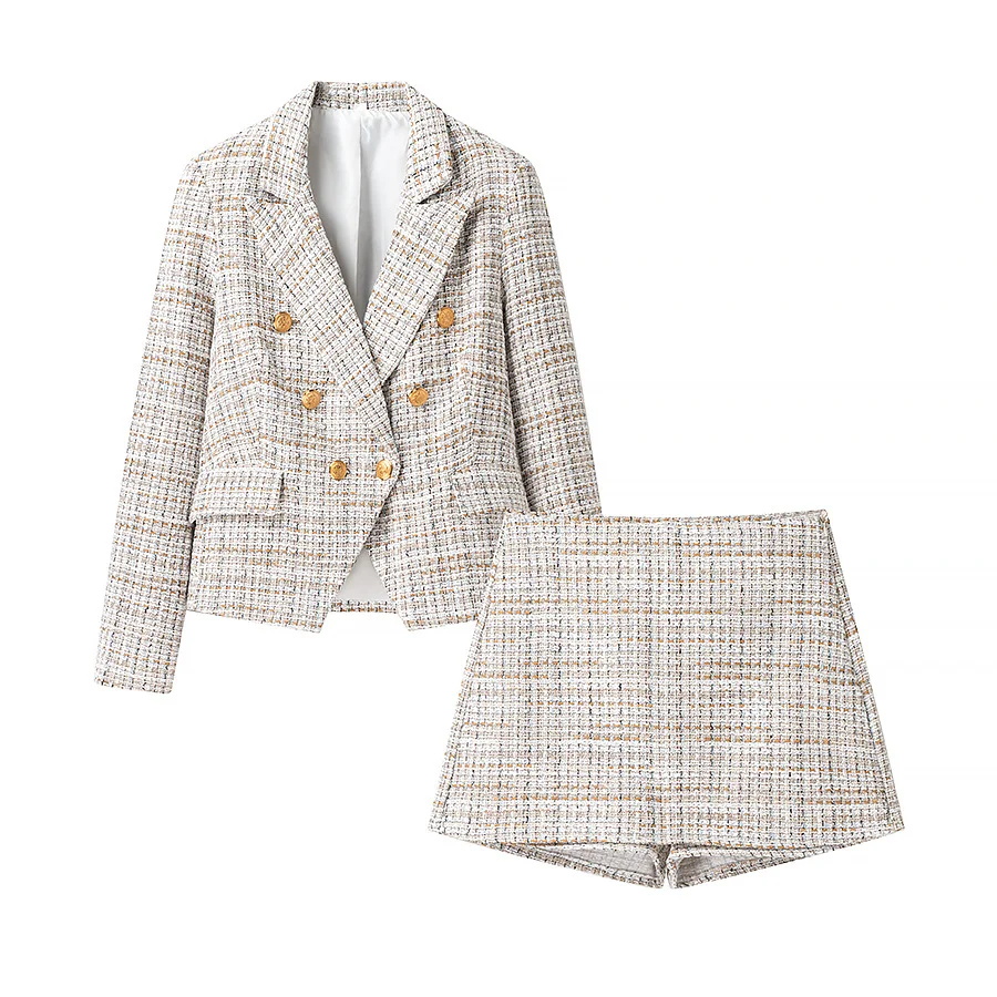 Conjunto De Blazer Y Culotte Cruzados De Poliéster A Cuadros