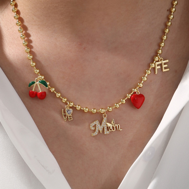 Gold Copper Inlaid Zircon Mother's Day Oil Drop Cherry Bead Necklace (4mm)