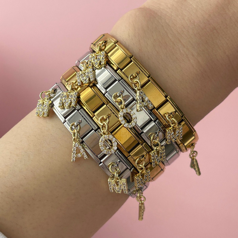 Pulsera De Módulo Cuadrado Para El Día De La Madre En Acero De Titanio Con Circonitas