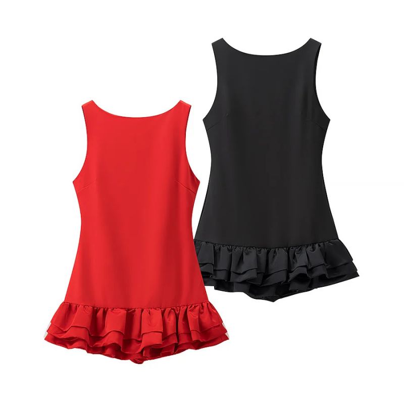 Red Polyester Ruffle Halter Neck Sleeveless Miniskirt