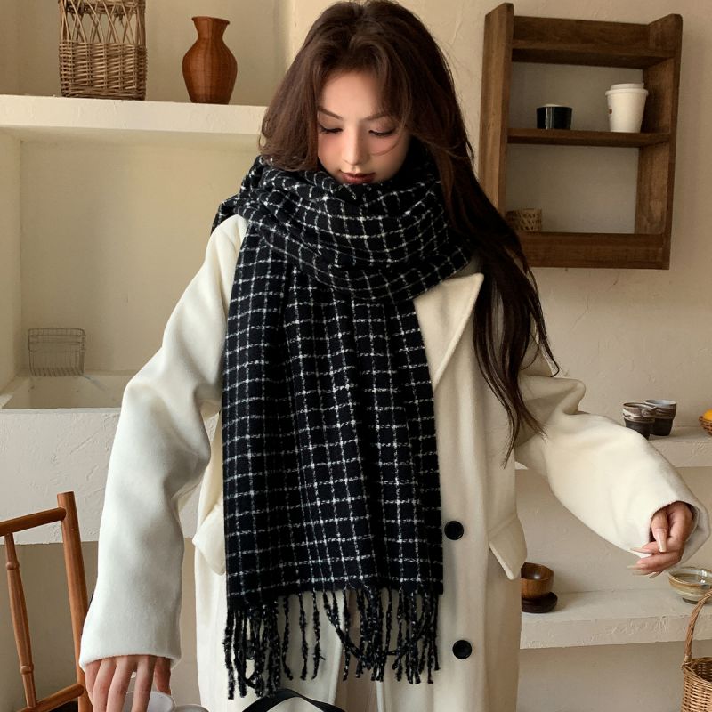 3#gray Check Fringed Shawl Scarf
