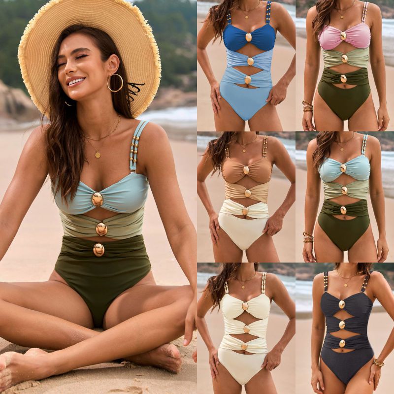 Color 1 Nylon Colorblock Pleated One-piece Swimsuit