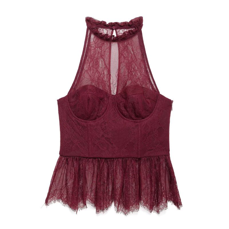 Red Lace Halter Sleeveless Top