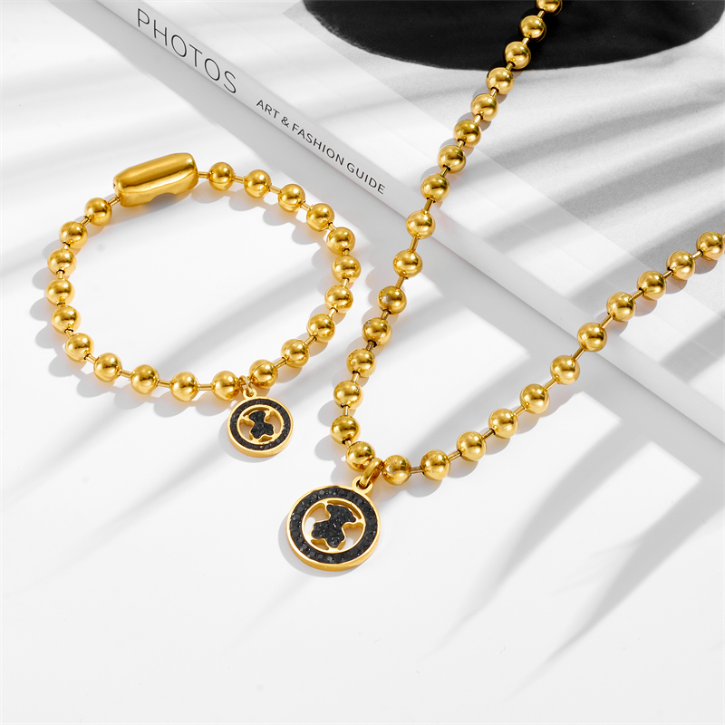 Gold Suit Titanium Steel Diamond Bear Necklace Bracelet Set